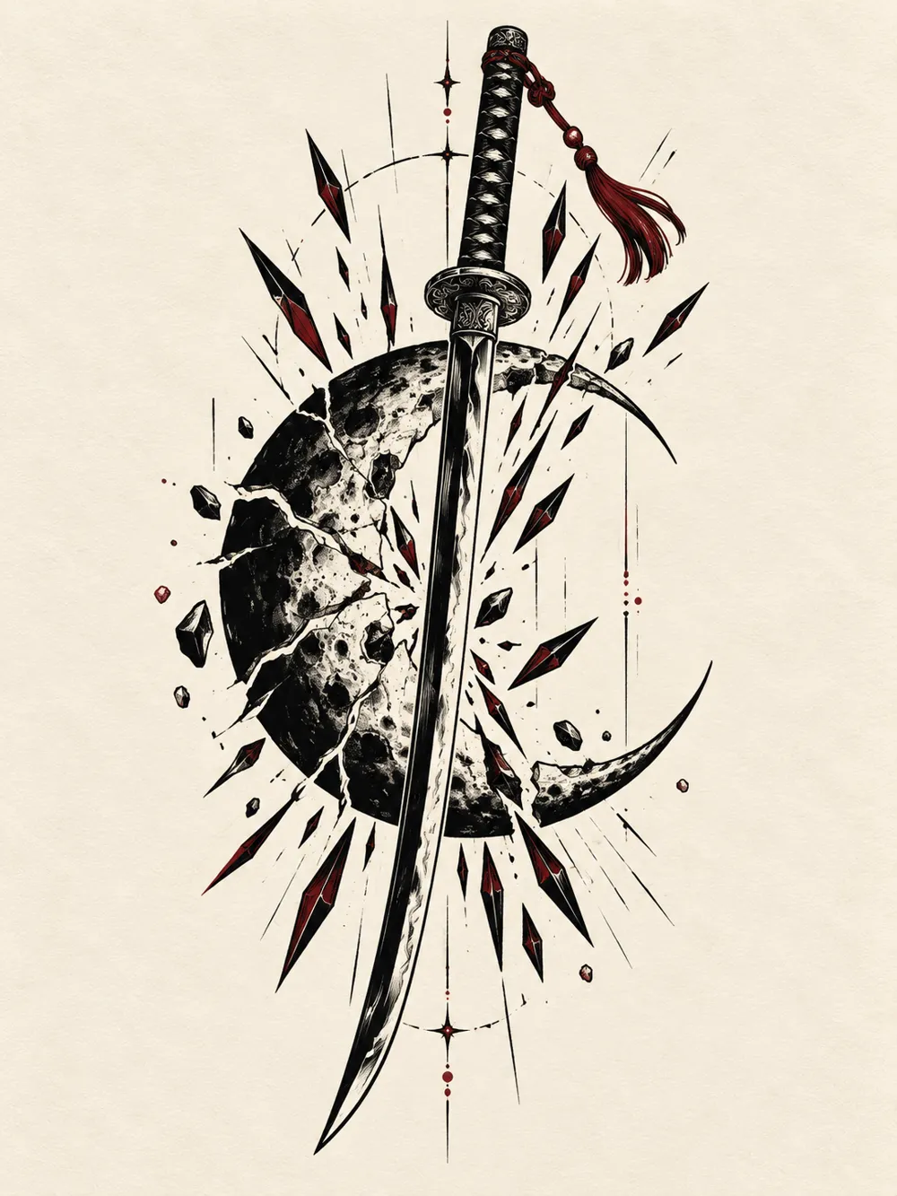Arte autoral de katana atravessando uma lua partida, com cristais e detalhes em vermelho escuro