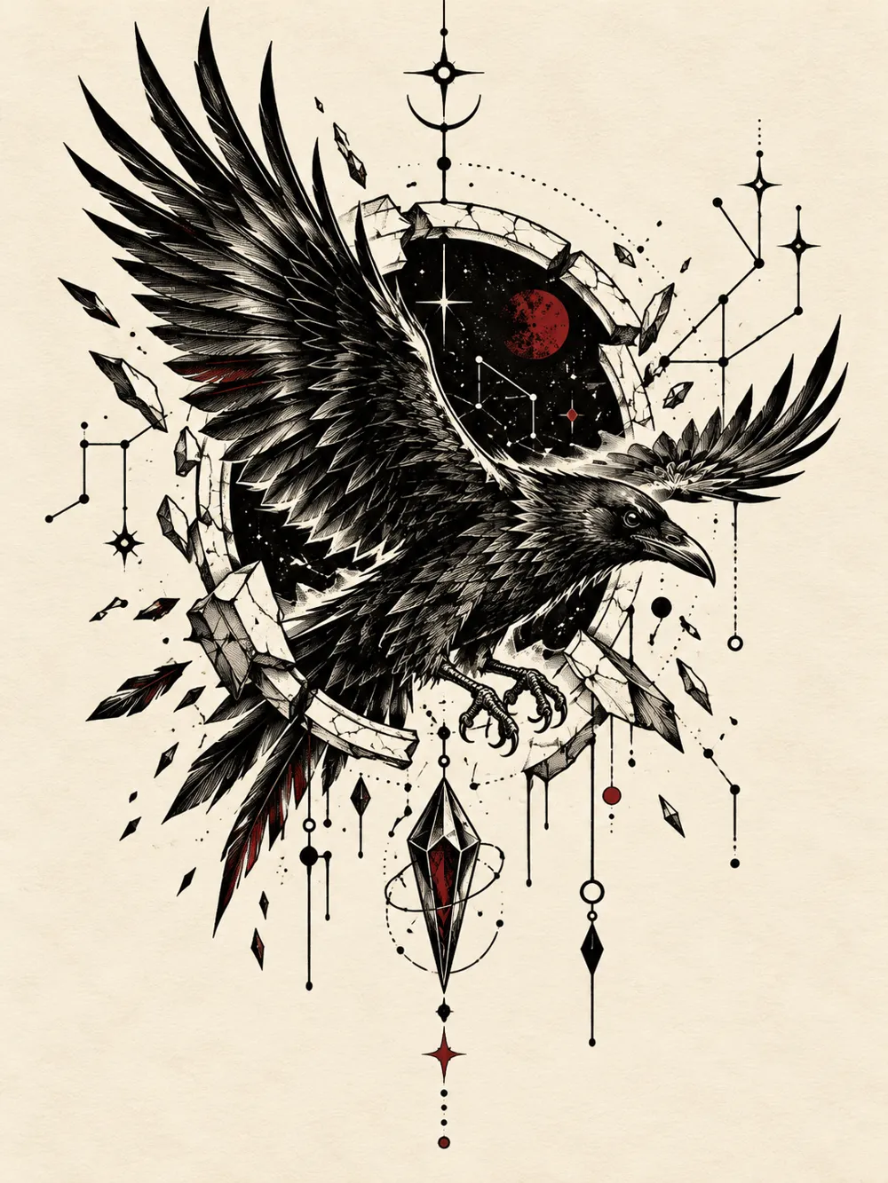 Arte autoral de corvo em voo com constelações, lua vermelha e cristais