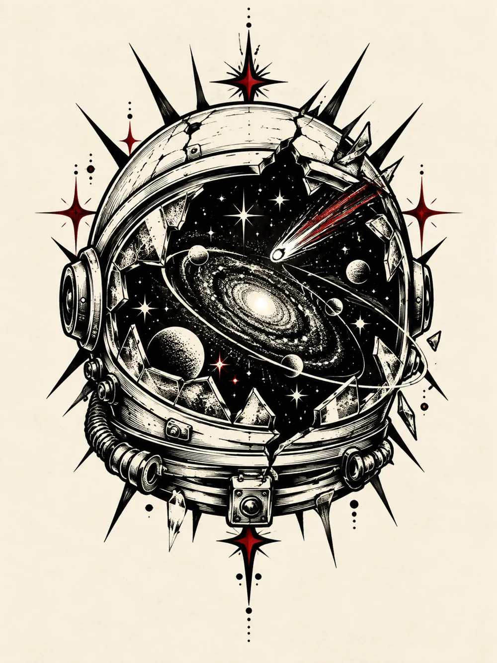 Arte autoral de capacete espacial rachado revelando uma galáxia em espiral