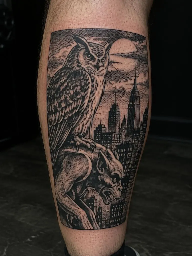 Tatuagem estilo quadrinho com coruja e gárgula